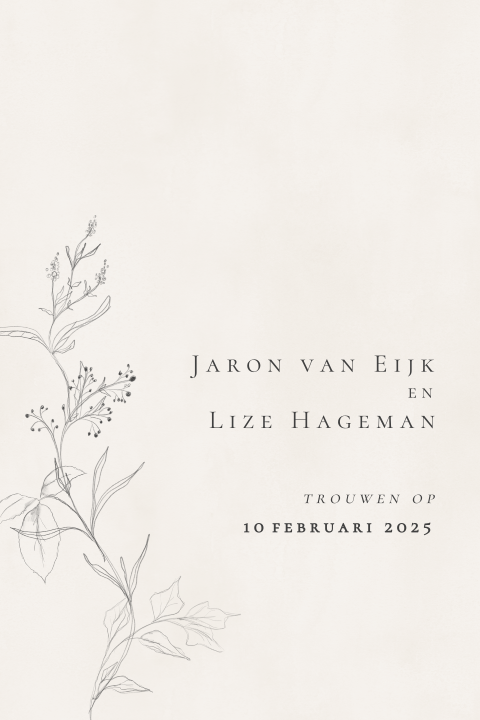 Trouwkaart geschetste bloemen takjes