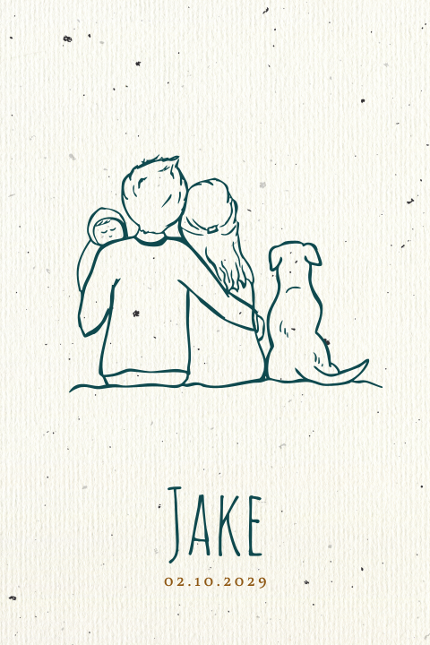 Geboortekaartje jongen lijntekening gezin hond