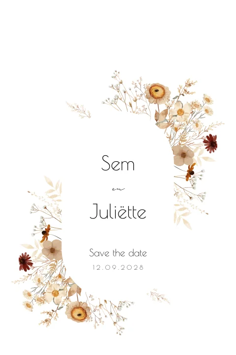 Save the date met romantische bloemenkrans in aardetinten