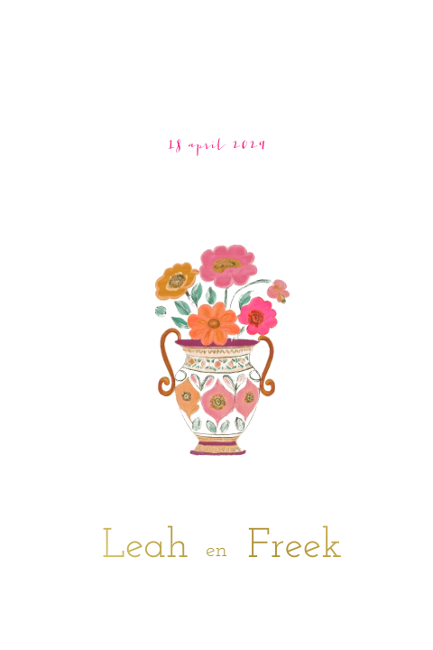 Trouwkaart boogvorm kleurrijke vaas bloemen