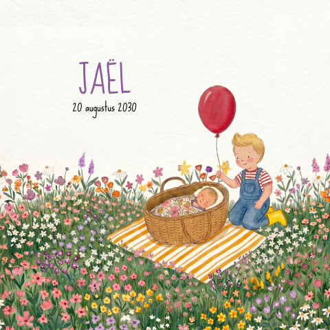 Geboortekaartje zusje zomer mozesmandje kleurrijk bloemenveld