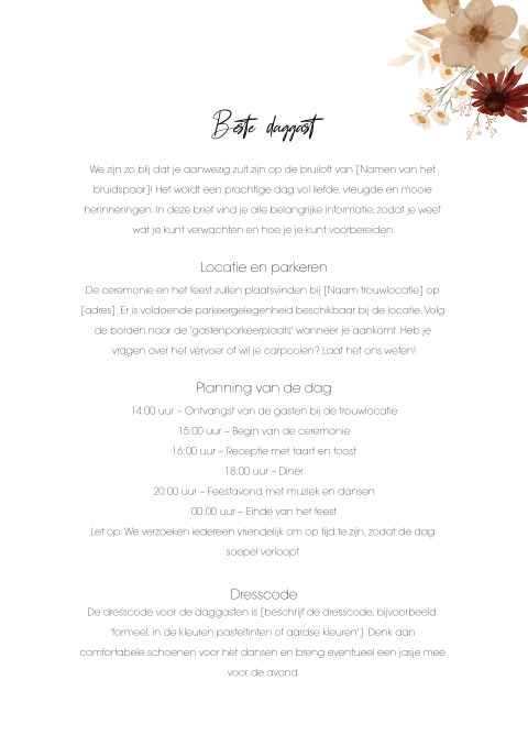 Ceremoniemeester brief bruidspaar romantische bloemen