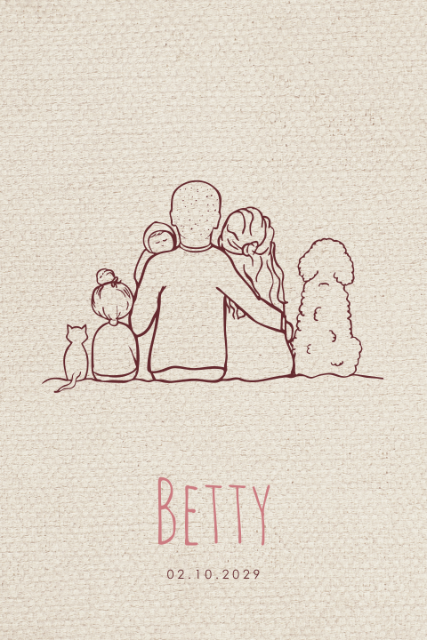 Geboortekaartje meisje lijntekening gezin Labradoodle