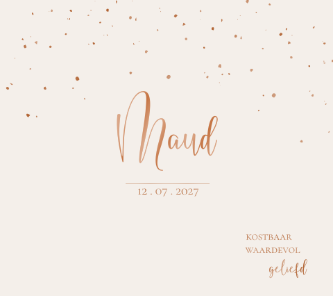 Geboortekaartje zand met koperlook glanslaag en stipjes