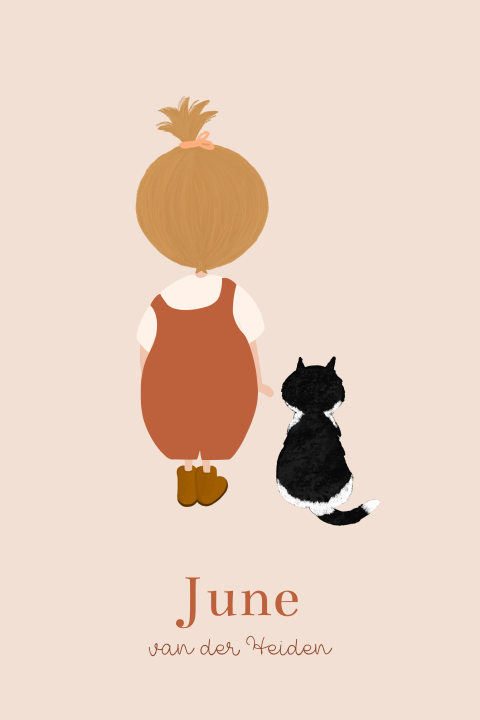 Geboortekaartje blond meisje tuinbroekje zwarte poes