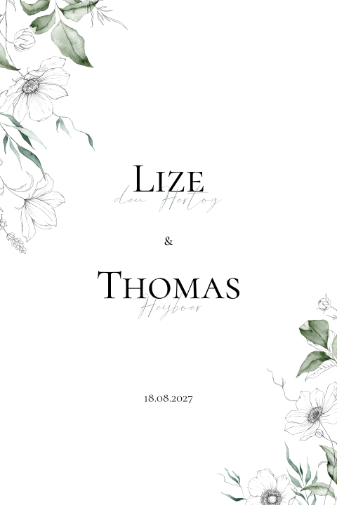 Trouwkaart schets bloemen groene bladeren
