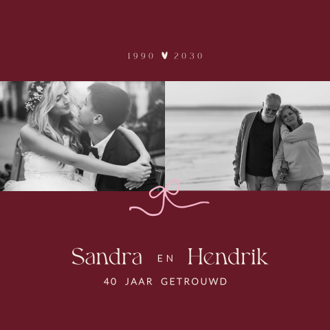 Uitnodiging jubileum 40 jaar getrouwd donkerrood foto strikje