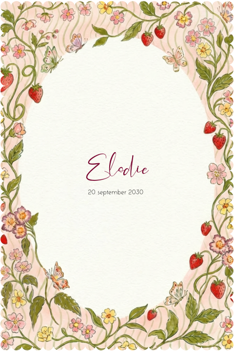 Geboortekaartje aardbeien bloemen vlinders