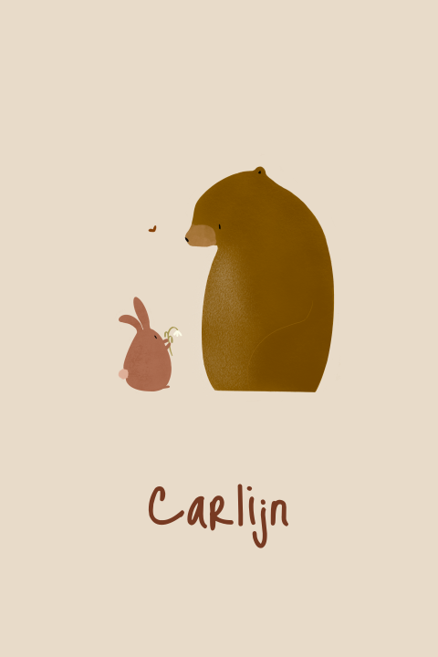 Geboortekaartje beer konijntje bloemetje