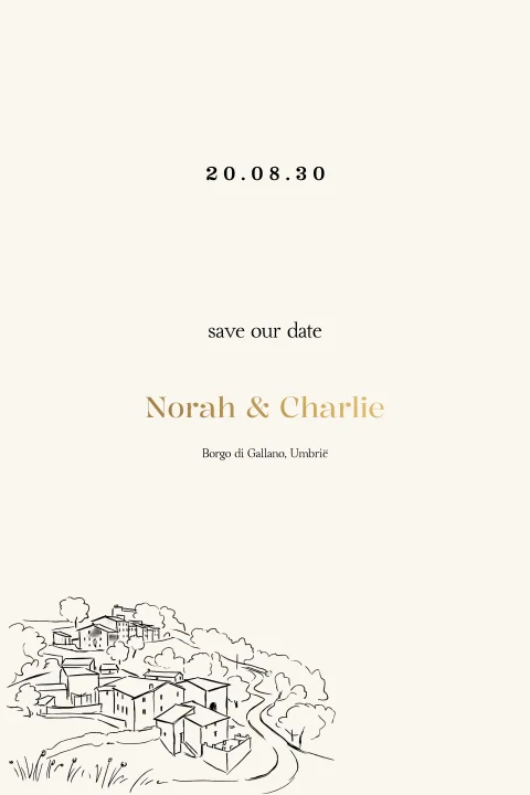 Save the date met lijntekening van Borgo di Gallano in Italie