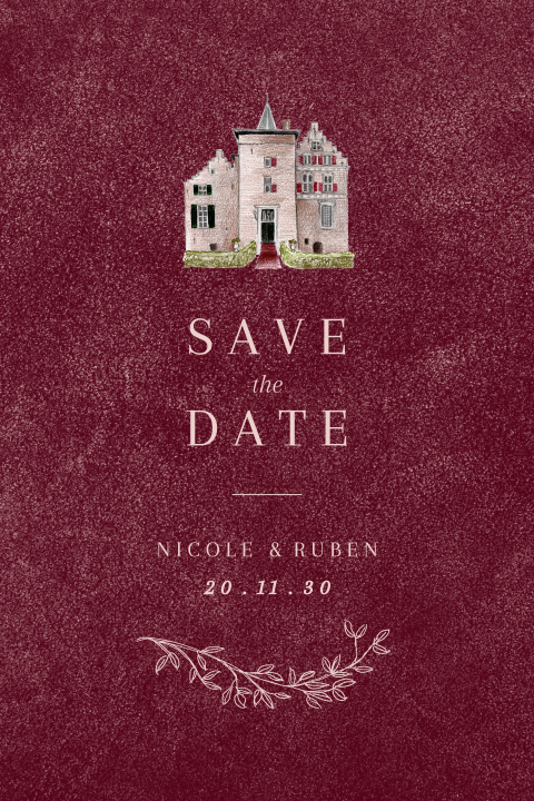 Chique Save the Date kaart bordeaux trouwlocatie Wijenburg