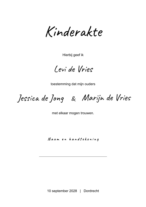 Kinderakte bruiloft handgeschreven lettertype