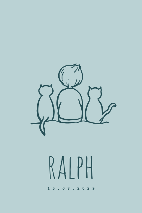 Geboortekaartje lijntekening jongen twee katten