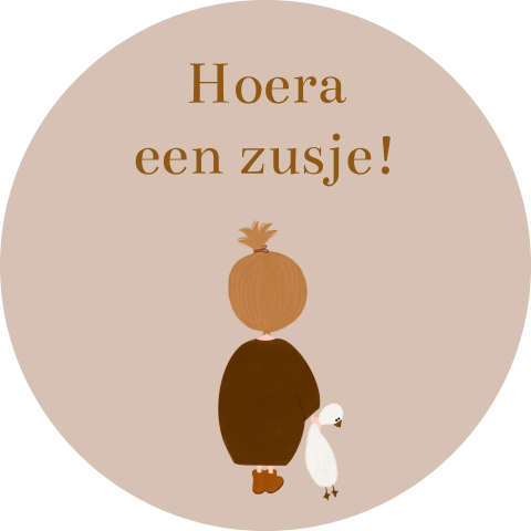 Sticker traktatie hoera een zusje blond meisje knuffel gans