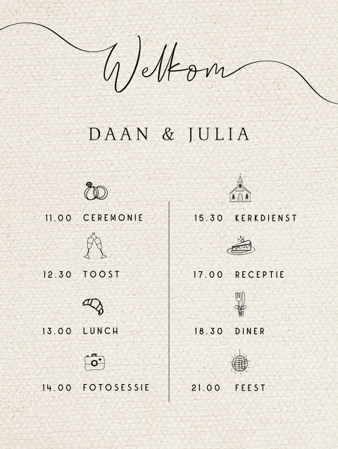 Bord dagplanning bruiloft neutrale tinten linnen look