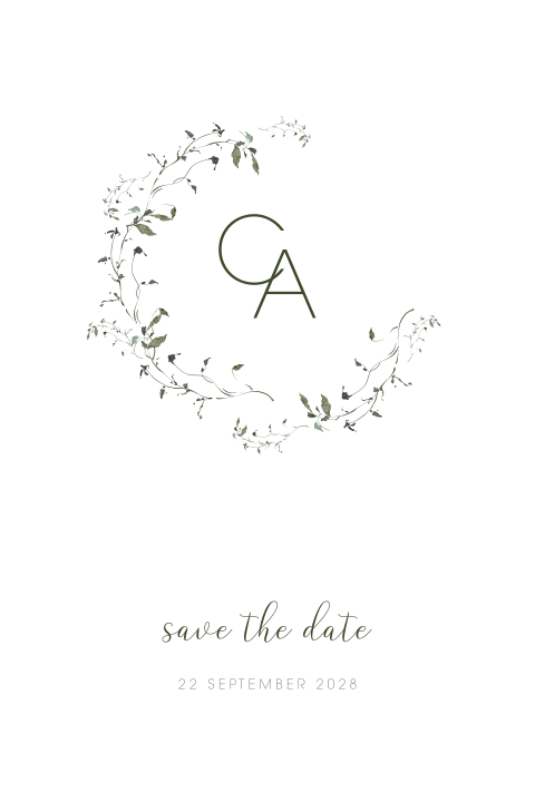 Save the Date kaart minimalistische groene blaadjes krans
