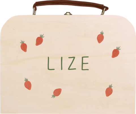 Houten koffertje met aardbeien en naam