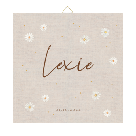 Tegeltje geboorte linnen look madeliefjes