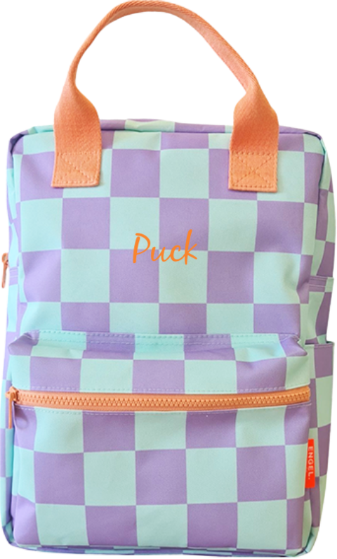 Engelpunt rugzak mintgroen paars geblokt oranje naam