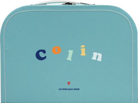 Blauw kinderkoffertje met kleurrijke naam