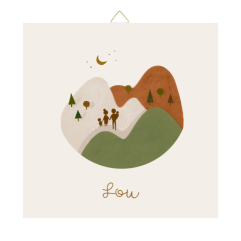 Tegeltje geboorte bergen silhouette gezin vier