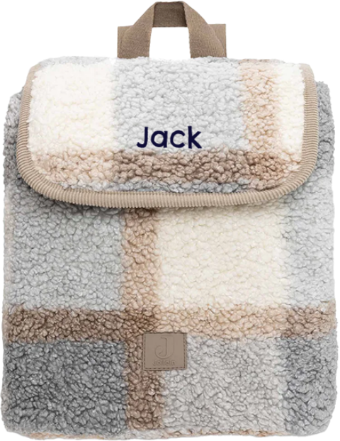 Zacht bouclé rugtasje met geborduurde naam