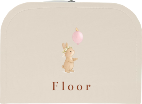 Beige kinderkoffertje met konijntje en ballon met naam