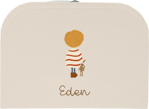 Beige kinderkoffertje met jongen en knuffel met naam