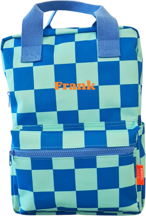 Groen blauw geblokte rugzak bedrukte naam oranje