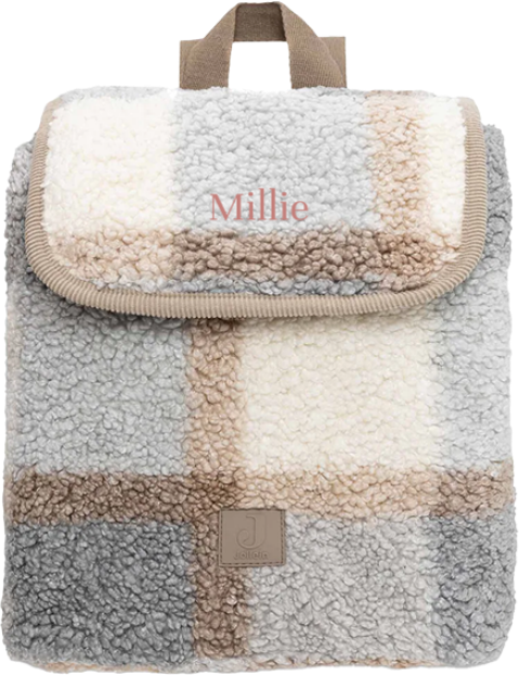 Zacht bouclé rugtasje oudroze geborduurde naam