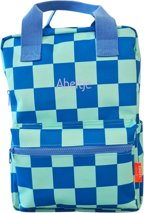 Groen blauw geblokte rugzak bedrukte naam lila paars