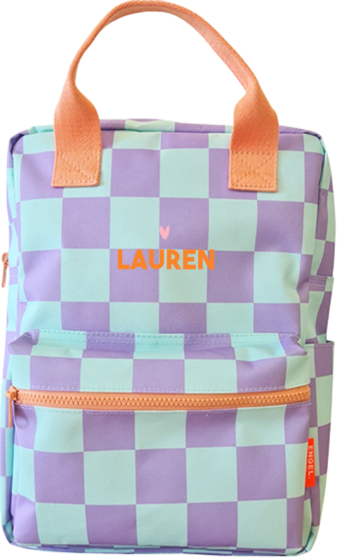 Engelpunt rugzak mintgroen paars geblokt roze hartje