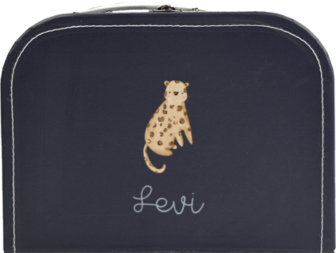 Donkerblauw kinderkoffertje met luipaardje en naam