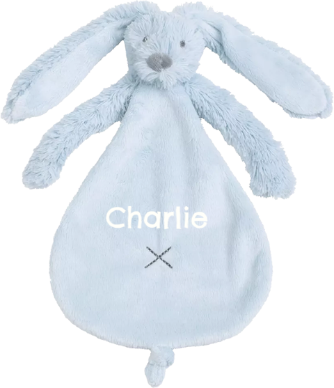 Lichtblauw Happy Horse knuffeldoekje met geborduurde naam gebroken wit