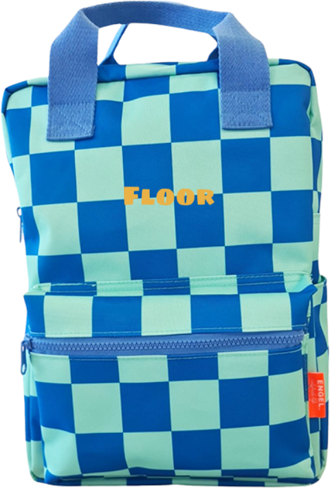 Groen blauw geblokte rugzak bedrukte naam okergeel