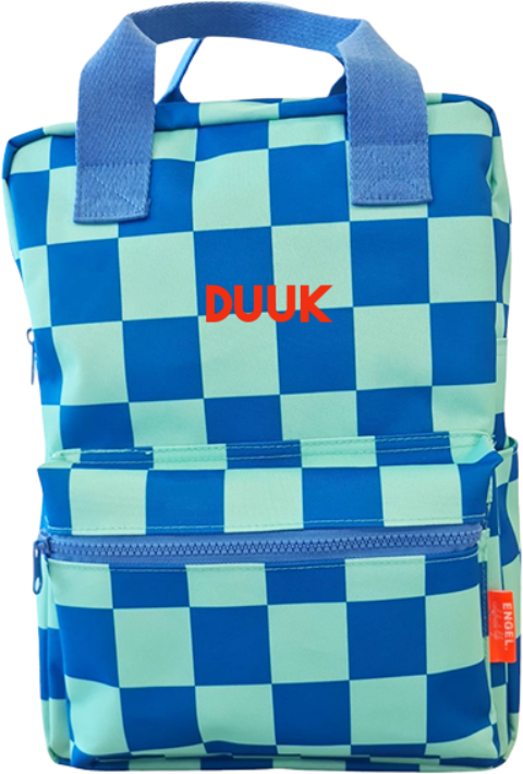 Groen blauw geblokte rugzak bedrukte naam rood