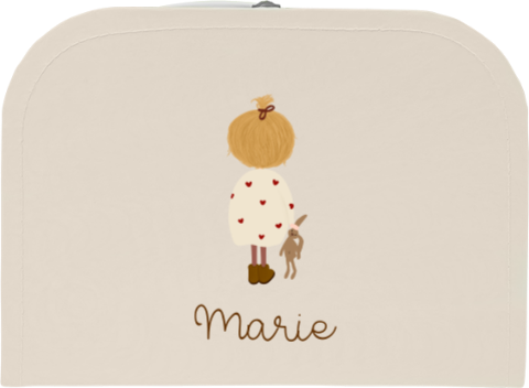 Beige kinderkoffertje met meisje en knuffel met naam