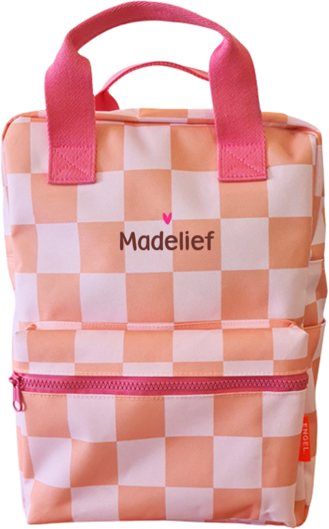 Engelpunt rugzak roze perzik geblokt naam roze hartje