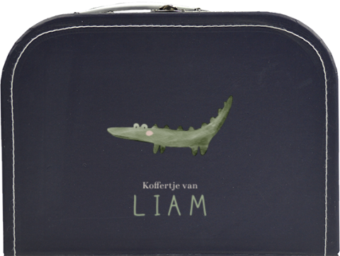 Donkerblauw kinderkoffertje met krokodilletje en naam