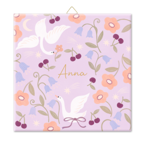 Tegeltje geboorte vrolijk paars doodles ganzen kers bloemen