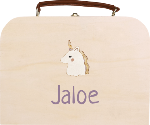 Houten koffertje met unicorn en naam