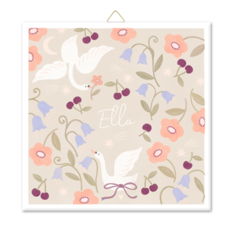 Geboortetegel meisje beige zwanen kersen bloemen