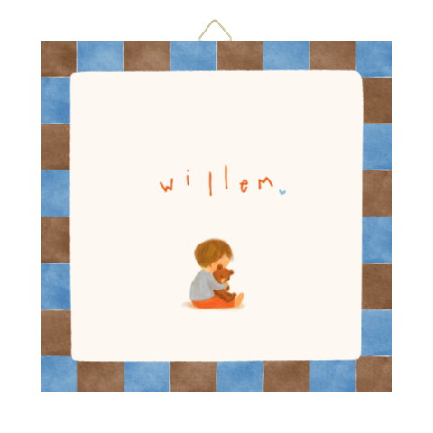 Geboortetegel jongen knuffelbeer met ruitrand