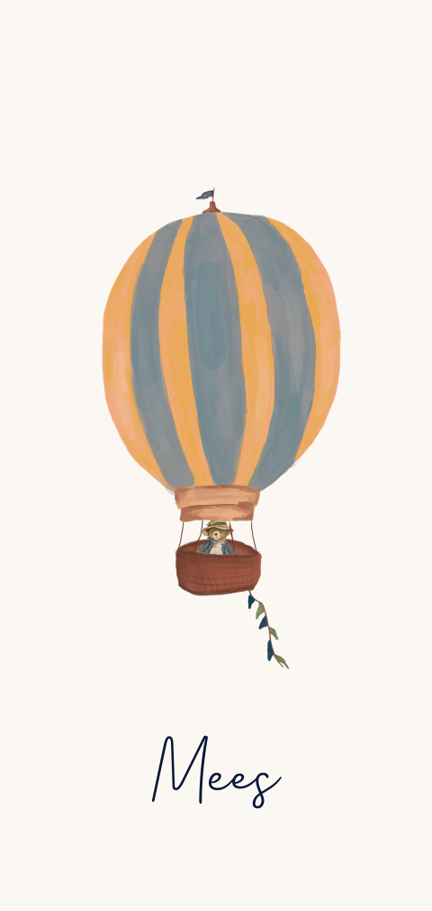 Kleurrijk geboortekaartje met een luchtballon en beer