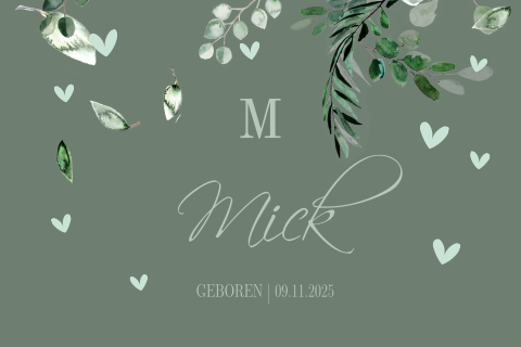 Botanisch geboortekaartje jongen met blaadjes en hartjes