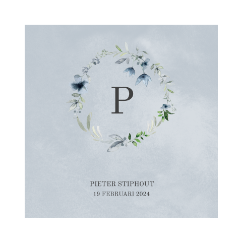 Jongens geboortekaartje met blauw bloemenkransje