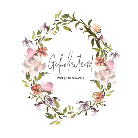 Felicitatie huwelijk met kransje van roze bloemen