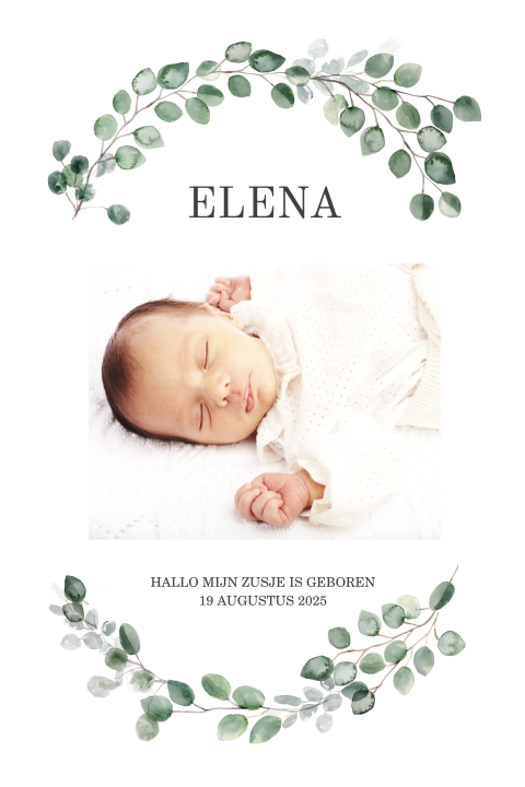 Botanisch geboortekaartje zusje met foto voorkant