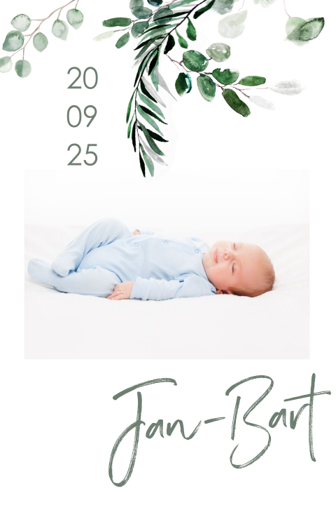 Botanisch geboortekaartje jongen met foto en blaadjes