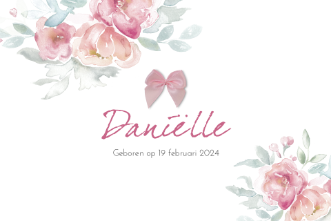 Babykaartje voor meisje met roze strikje en bloemen